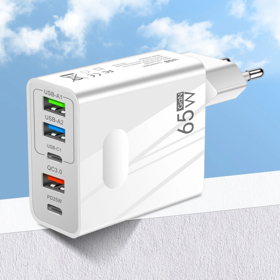Incarcator Priza cu 5 porturi , Universal, 3x USB, 2x Type-C, Cablu Inclus, PD 25W, 65W, GaN, Techsuit PentaXPower (CHC1), Alb, set cu sticker - 1 | YEO