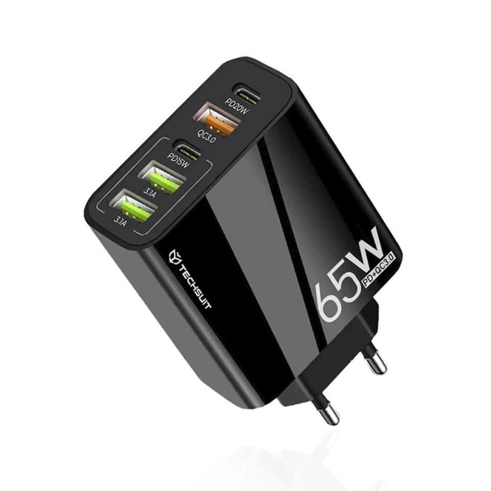 Incarcator Priza cu 5 porturi , Universal, 3x USB QC 3.0, 2x Type-C PD 20W, 65W, GaN, Techsuit PentaXPower (CHC2), Negru