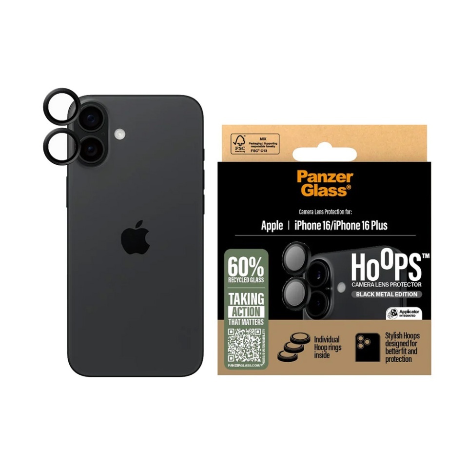 Protectie Camera pentru iPhone 16 / 16 Plus, Hoops PanzerGlass®, cu Separare Optica, Sticla Securizata, Anti-Zgarieturi si Anti-Reflexie, Negru
