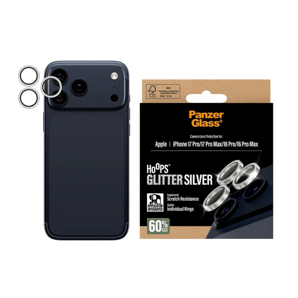 Protectie Camera pentru iPhone 16 Pro / 16 Pro Max / 17 Pro / 17 Pro Max, Hoops PanzerGlass®, cu Separare Optica, Sticla Securizata, Anti-Zgarieturi si Anti-Reflexie, Argintiu