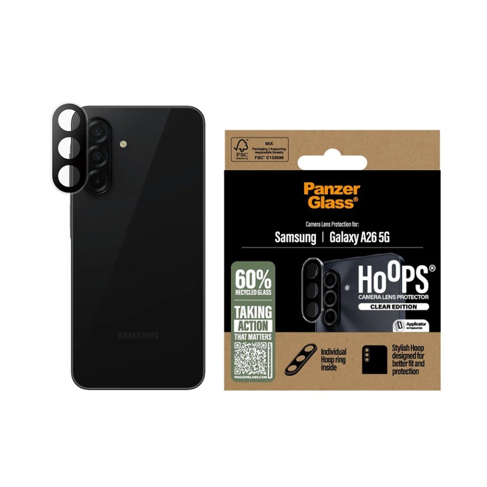 Protectie Camera pentru Samsung Galaxy A26 5G, Hoops PanzerGlass®, cu Separare Optica, Sticla Securizata, Anti-Zgarieturi si Anti-Reflexie, Transparenta