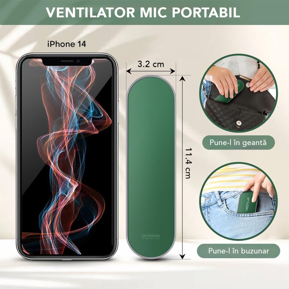 Ventilator Portabil Mini, de Poseta, de Birou, de Mana, Silentios, Pliabil, 1200mAh, SKDR NiniFan - Verde - 2 | YEO