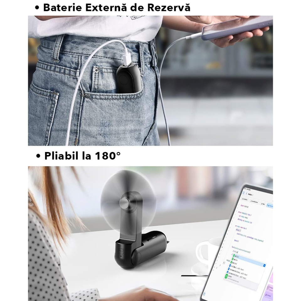 Ventilator Ultra Portabil 3 in 1, De Mână, De Birou, De Gât, 3 Trepte Viteza, Pliabil cu baterie Portabila 2000mAh, Autonomie 20h, SKDR AirMini - Negru - 3 | YEO
