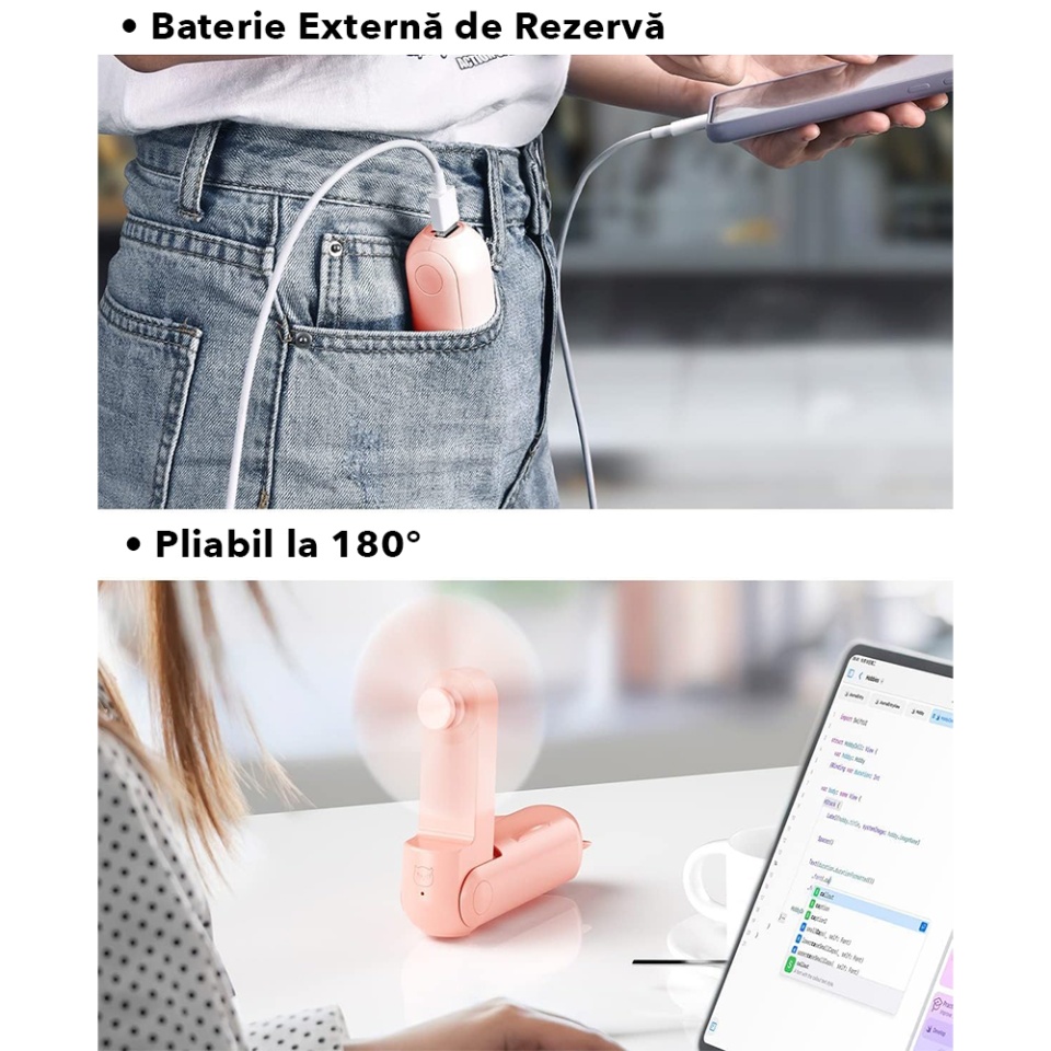 Ventilator Ultra Portabil 3 in 1, De Mână, De Birou, De Gât, 3 Trepte Viteza, Pliabil cu baterie Portabila 2000mAh, Autonomie 20h, SKDR AirMini - Roz - 3 | YEO