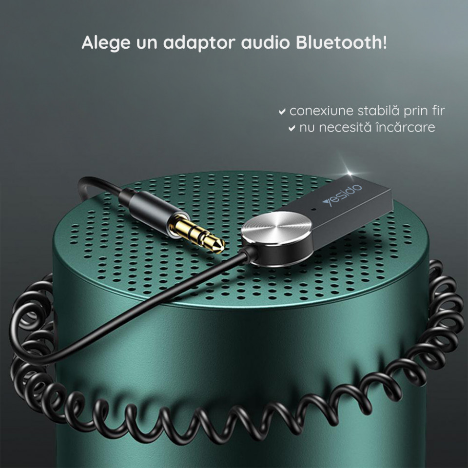 Adaptor Bluetooth Auxiliar Jack, Yesido Wireless Audio - Negru - 6