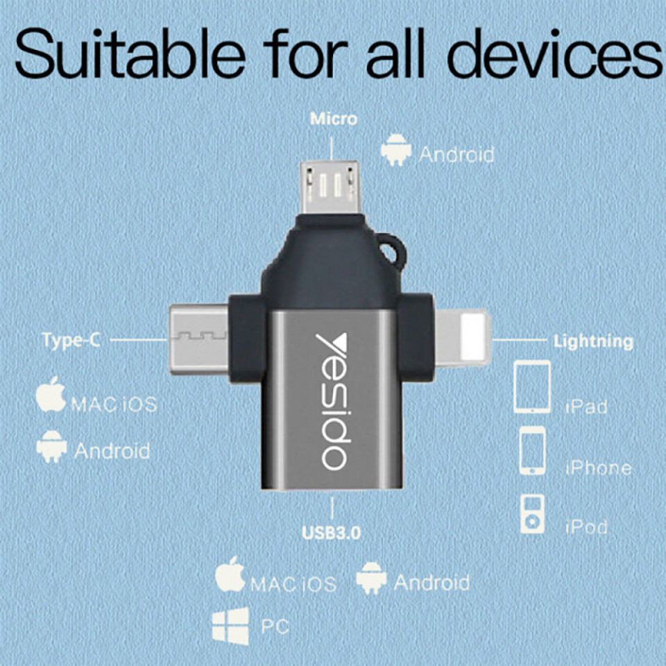 Adaptor USB 3.0 la Lightning, Micro-Usb, Type-C, 480Mbps, Yesido (GS15) - Negru - 3 | YEO