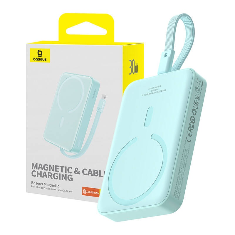 Baterie Externa, Baseus, Incarcare Rapida, MagSafe, 2x USB-C, Lightning, 30W, 10000mAh, Magnetic Mini, Bleu