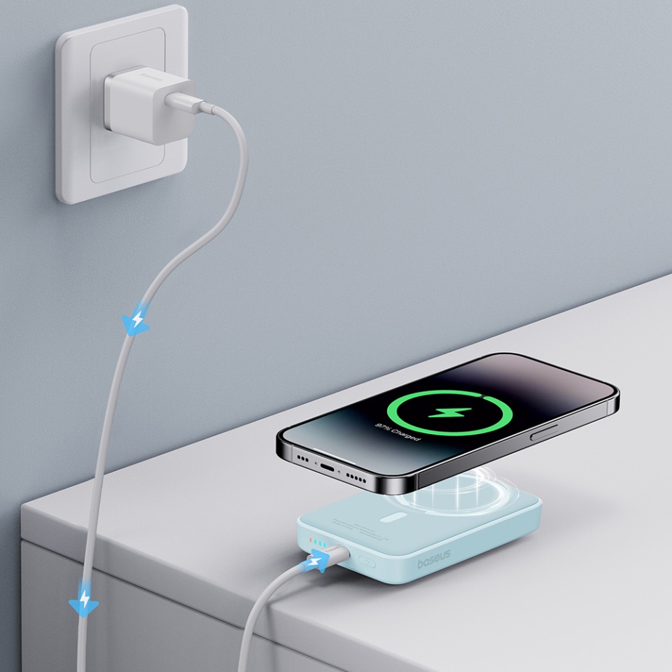 Baterie Externa, Baseus, Magnetica, Incarcare Rapida, MagSafe, USB-C, 10000mAh, 20W, Magnetic Mini, Bleu - 6