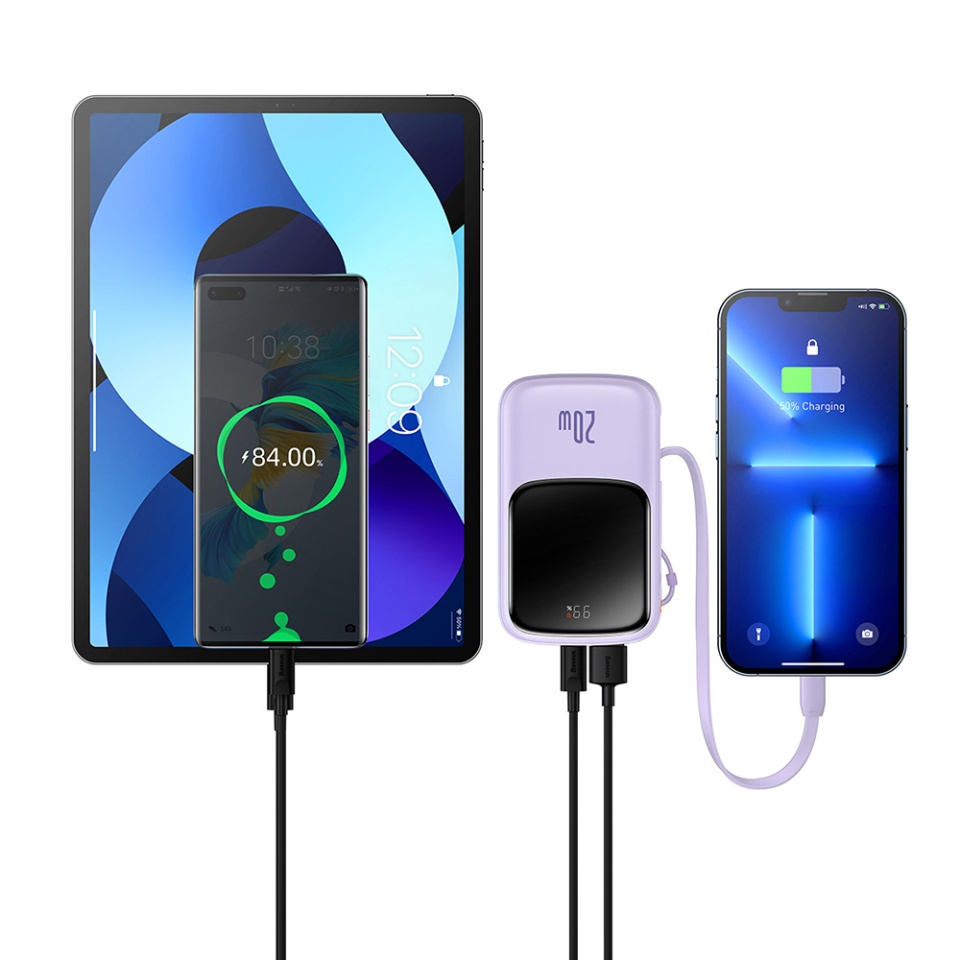 Baterie Externa cu Display Digital, Baseus, Incarcare Rapida, Type-C, USB, 20000mAh, 20W, with Cable USB-C, Lightning, 3A, Qpow Pro, Mov - 3 | YEO