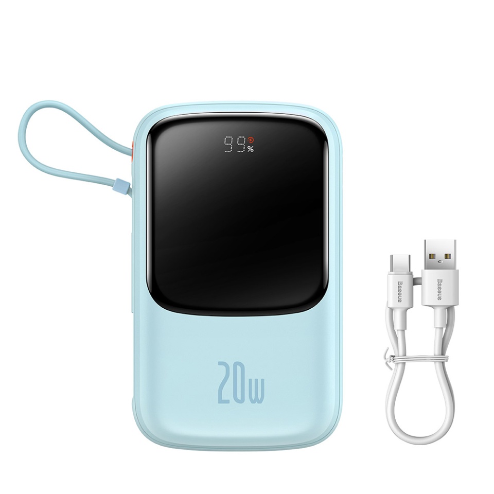 Baterie Externa cu Display Digital, Baseus, Incarcare Rapida, Type-C, USB, 20000mAh, 20W, with Cable USB-C, Lightning, 3A, Qpow Pro, Albastru - 1 | YEO