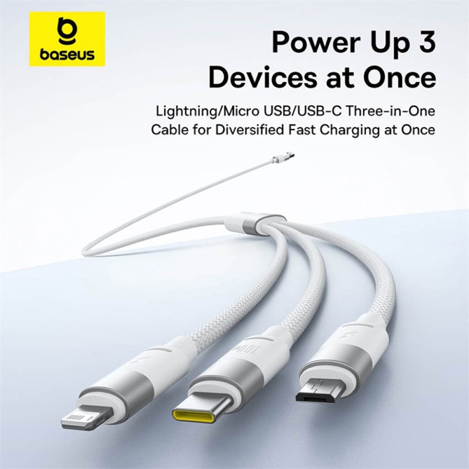 Cablu de Date 3in1 USB la Type-C, Lightning, MicroUSB, 100W, 1.5m, Baseus StarSpeed, Alb - 3 | YEO