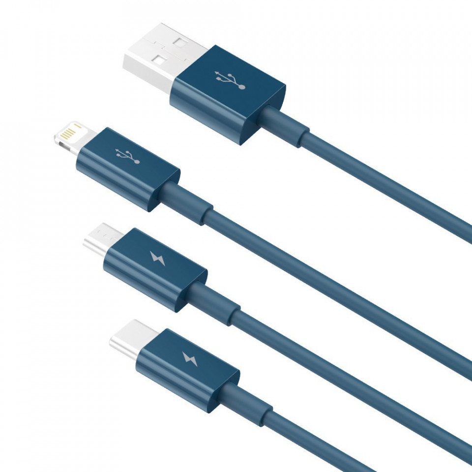 Cablu de Date 3in1 USB la Type-C, Micro-USB, Lightning, Fast Charging 3.5A, 1.5m, Baseus - Albastru - 2 | YEO