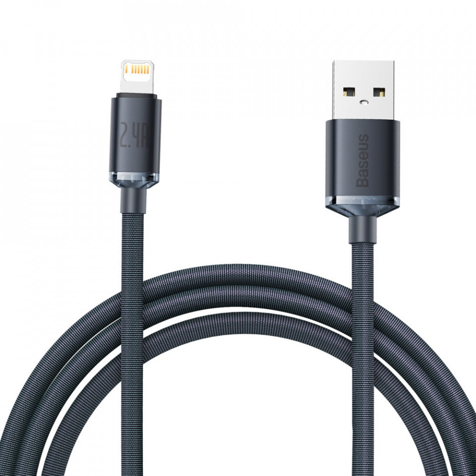 Cablu de date USB la Lightning, 2.4A, 2m, Baseus Crystal Shine (CAJY000101) - Negru