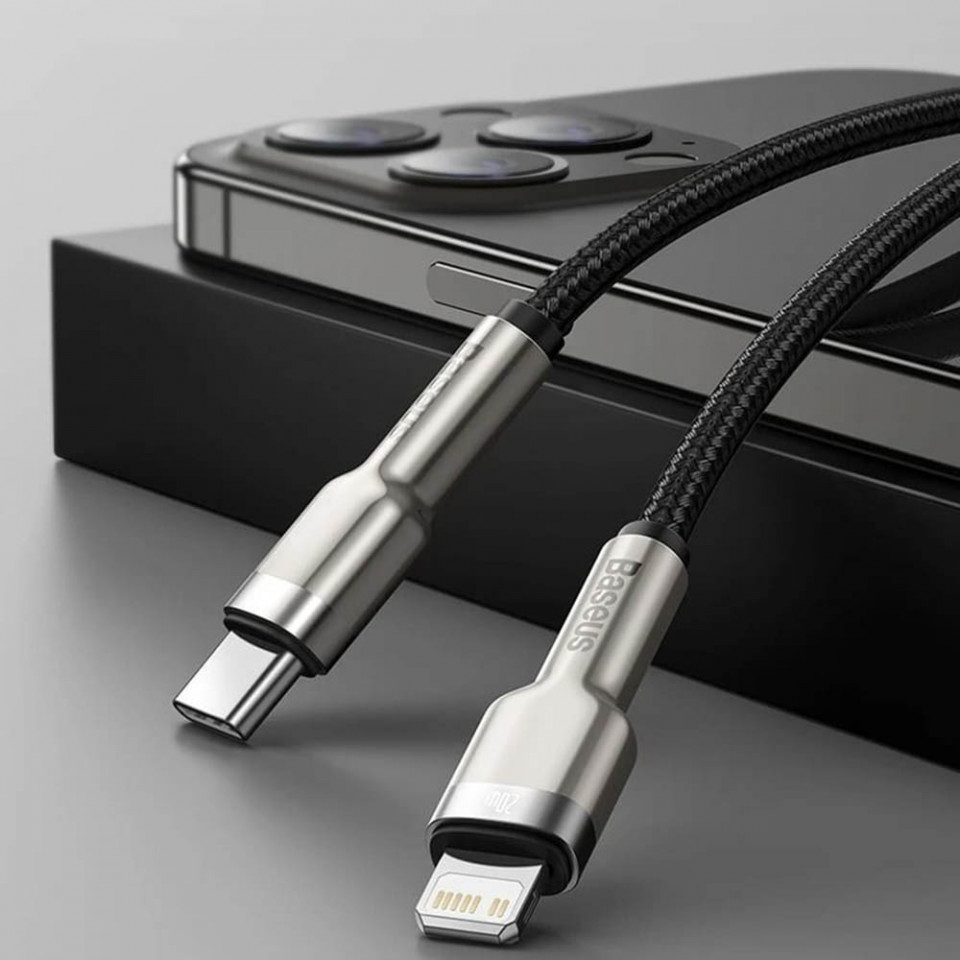Cablu Type-C to Lightning, Fast Charging PD20W, 480Mbps, 2.4A, 1m - Baseus Cafule Series Metal (CATLJK-A01) - Black - 2 | YEO