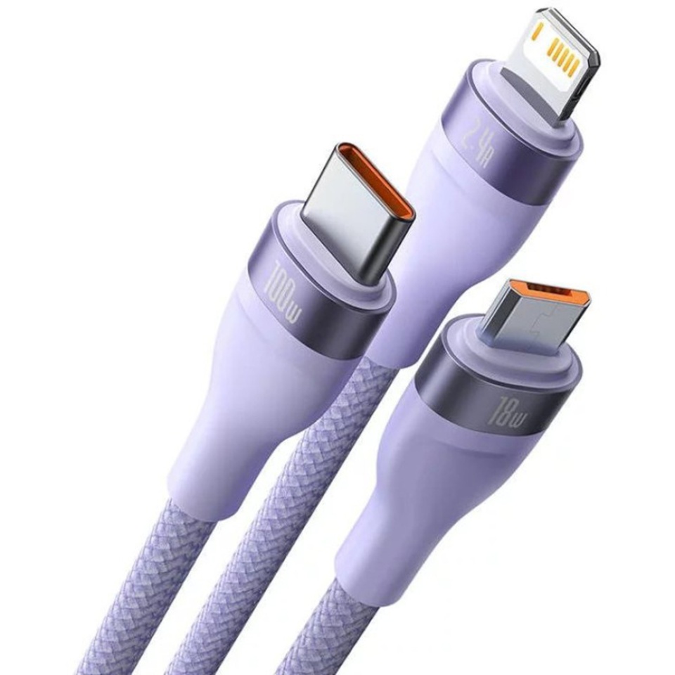 Cablue de Incarcare / Date 3in1 USB la Type-C, Lightning, Micro-USB, 100W, 1.2m, Baseus, Flash Series 2, Mov - 1 | YEO
