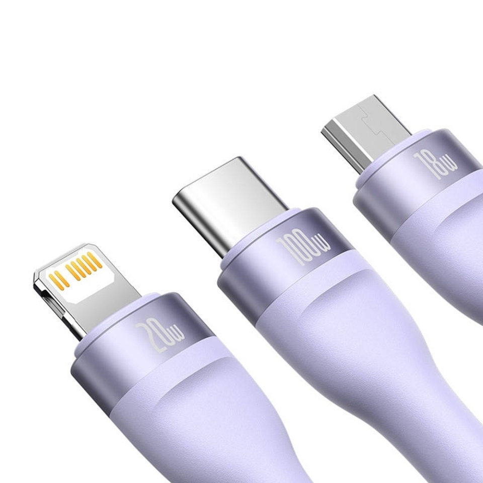 Cablue de Incarcare / Date 3in1 USB la Type-C, Lightning, Micro-USB, 100W, 1.5m, Baseus, Flash Series 2, Mov - 1 | YEO