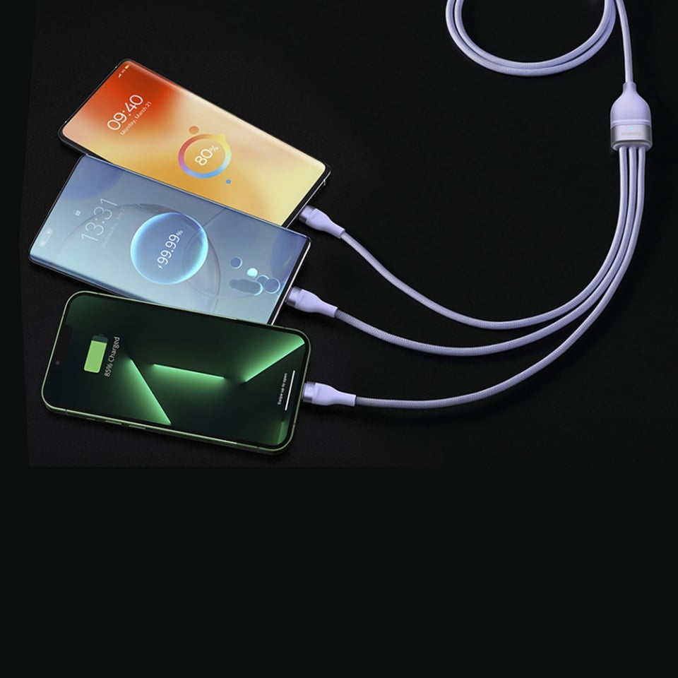 Cablue de Incarcare / Date 3in1 USB la Type-C, Lightning, Micro-USB, 66W, 1.2m, Baseus, Flash Series 2, Mov - 1 | YEO