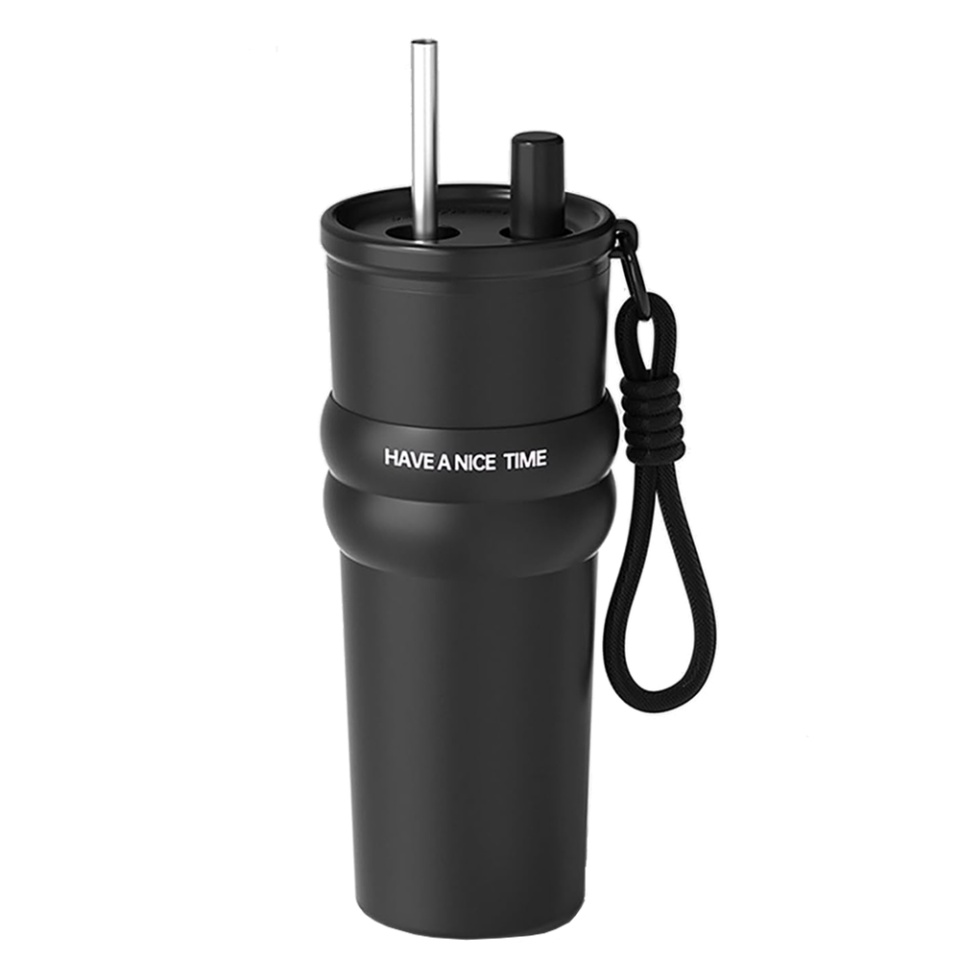 Cana termos, Cu pai, BPA-FREE, Rezistent la rugina si la scurgeri, Reutilizabil, Bauturi calde si reci, Pentru apa, ceai sau cafea, smoothie si multe altele, Otel inoxidabil, 710ml, THM7 - Negru