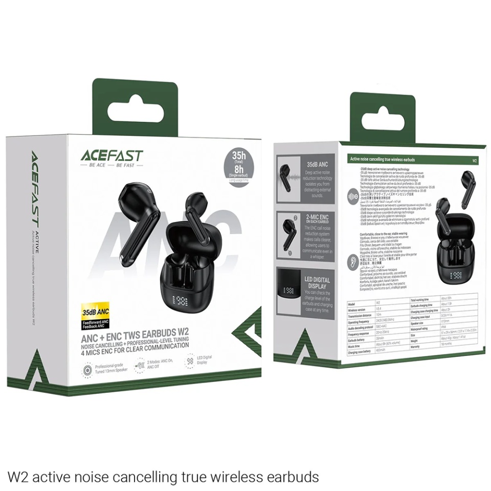 Casti Wireless TWS, Bluetooth 5.4, 4-Mic ENC, IPX4, Display LED, Design Magnetic, Autonomie 400mAh, Acefast W2, Negru - 2 | YEO