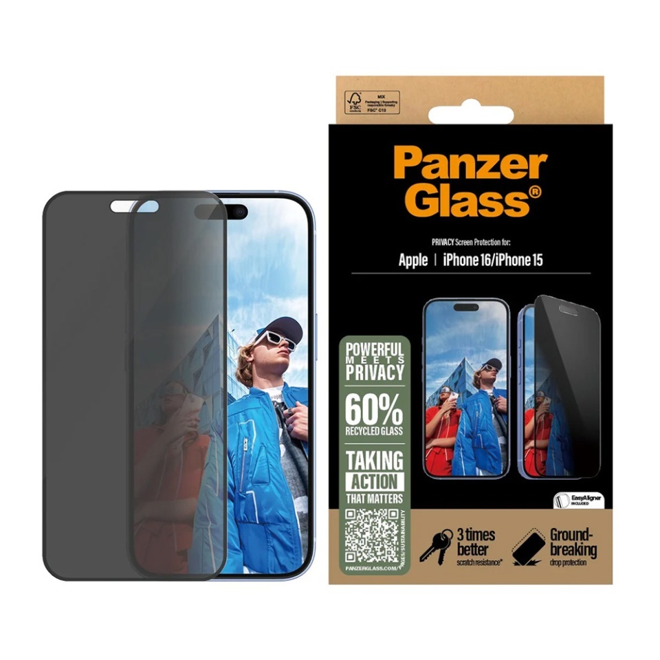 Folie Sticla pentru iPhone 15 / 16, Ultra-Wide Fit w. EasyAligner, PanzerGlass, Anti-Soc si Anti-Bule, Transparent