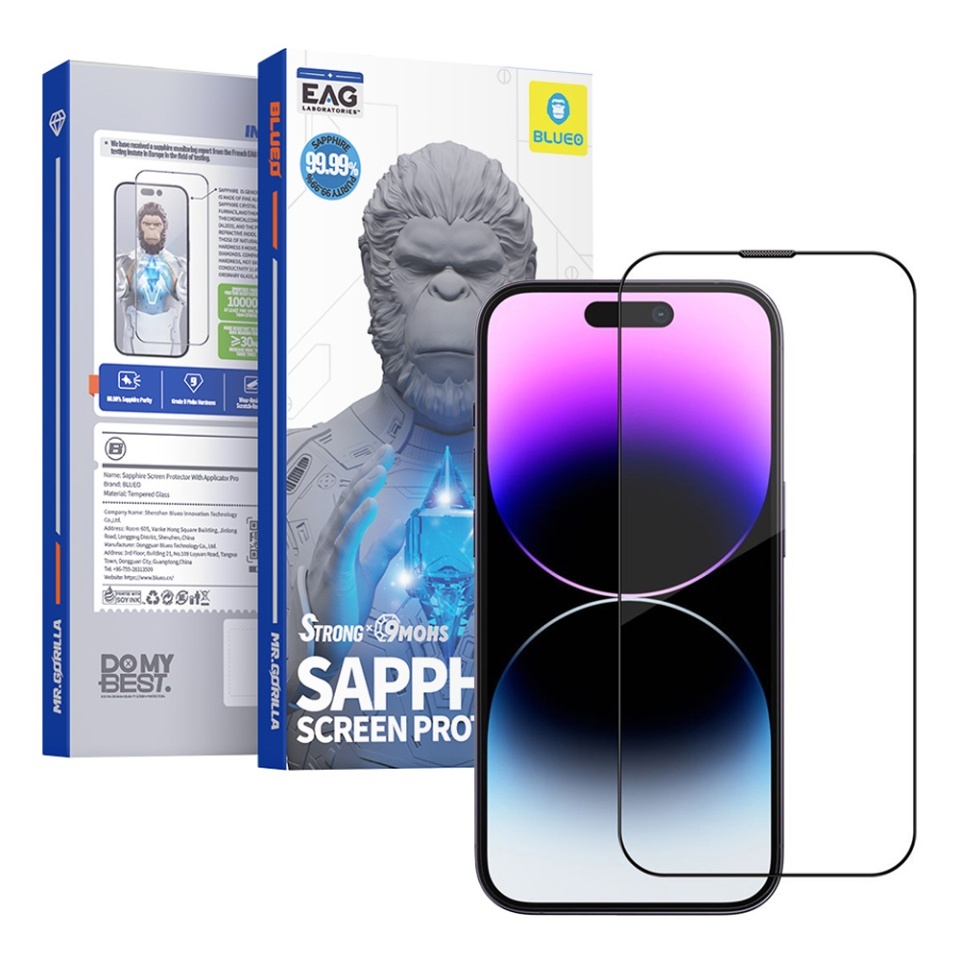 Folie Sticla pentru iPhone 15 Pro Max, Blueo HD, Sapphire Screen Protector with Applicator Pro, Negru