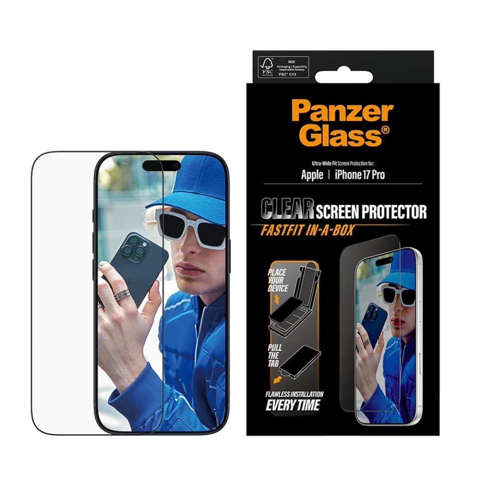 Folie Sticla pentru iPhone 17 Pro, Ultra-Wide Fit w. FASTFIT IN-A-BOX, PanzerGlass, Anti-Soc si Anti-Bule, Transparent - 2 | YEO