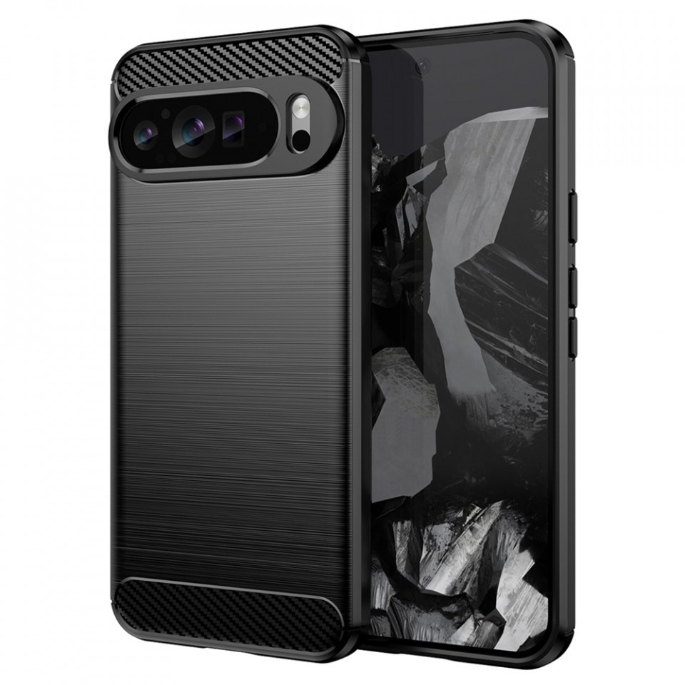 Husa Google Pixel 9 Pro din silicon, Slim, cu textură Fibra Carbon - Negru