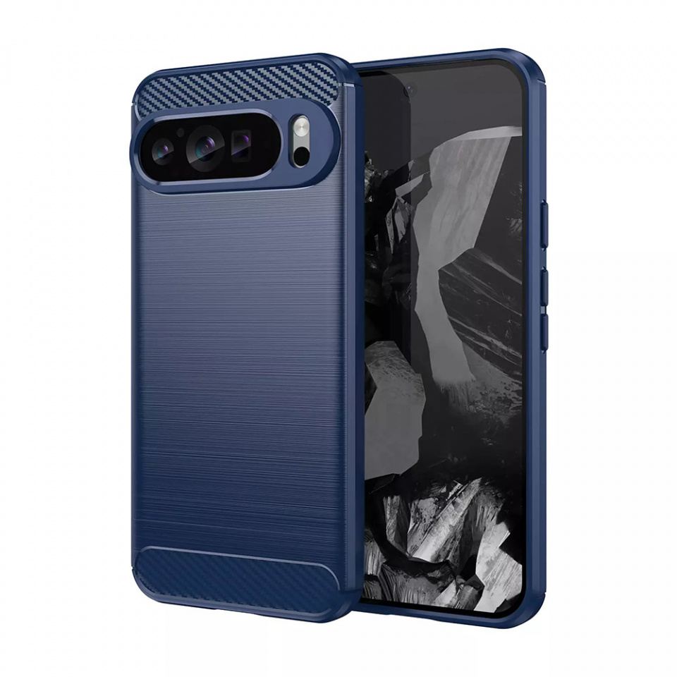 Husa Google Pixel 9 Pro din silicon, Slim, cu textură Fibra Carbon - Albastru carbon