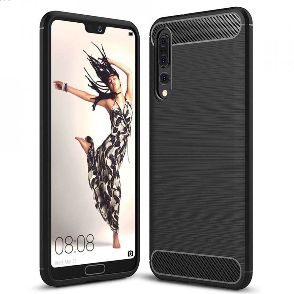 Husa Huawei P20 Pro din silicon, Slim, cu textura Fibra Carbon - Negru