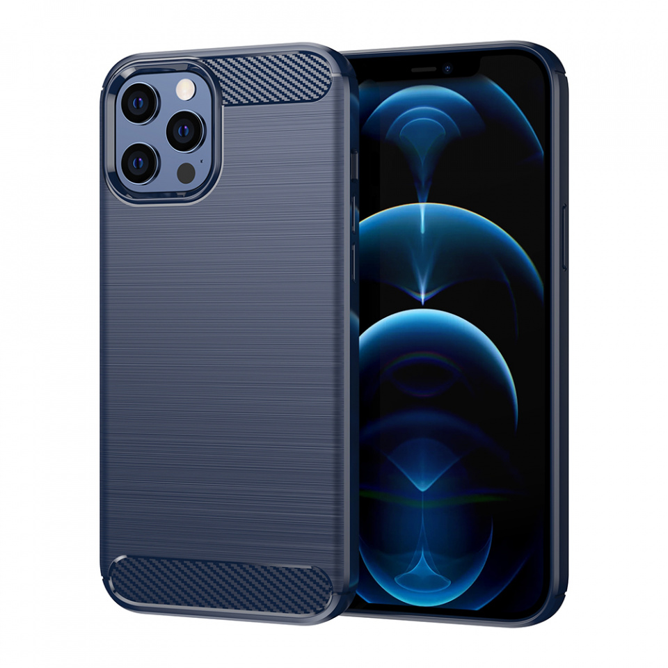Husa iPhone 12 Pro Max din silicon, Slim, cu textură Fibra Carbon - Albastru carbon