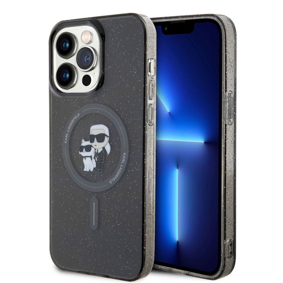 Husa iPhone 15 Pro Max Glitter MagSafe, Karl Lagerfeld - Black Karl & Choupette