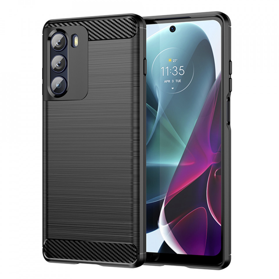 Husa Motorola Moto G200 5G din silicon, Slim, cu textura Fibra Carbon - Negru