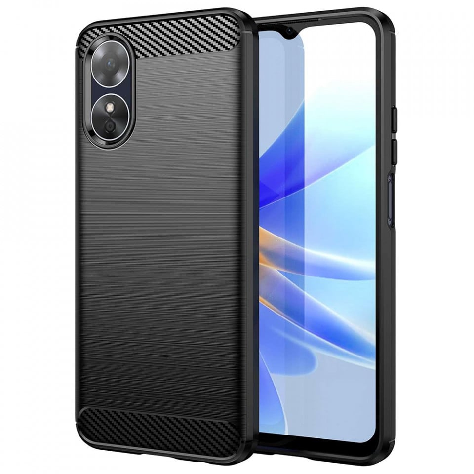 Husa Oppo A17 din silicon, Slim, cu textură Fibra Carbon - Negru