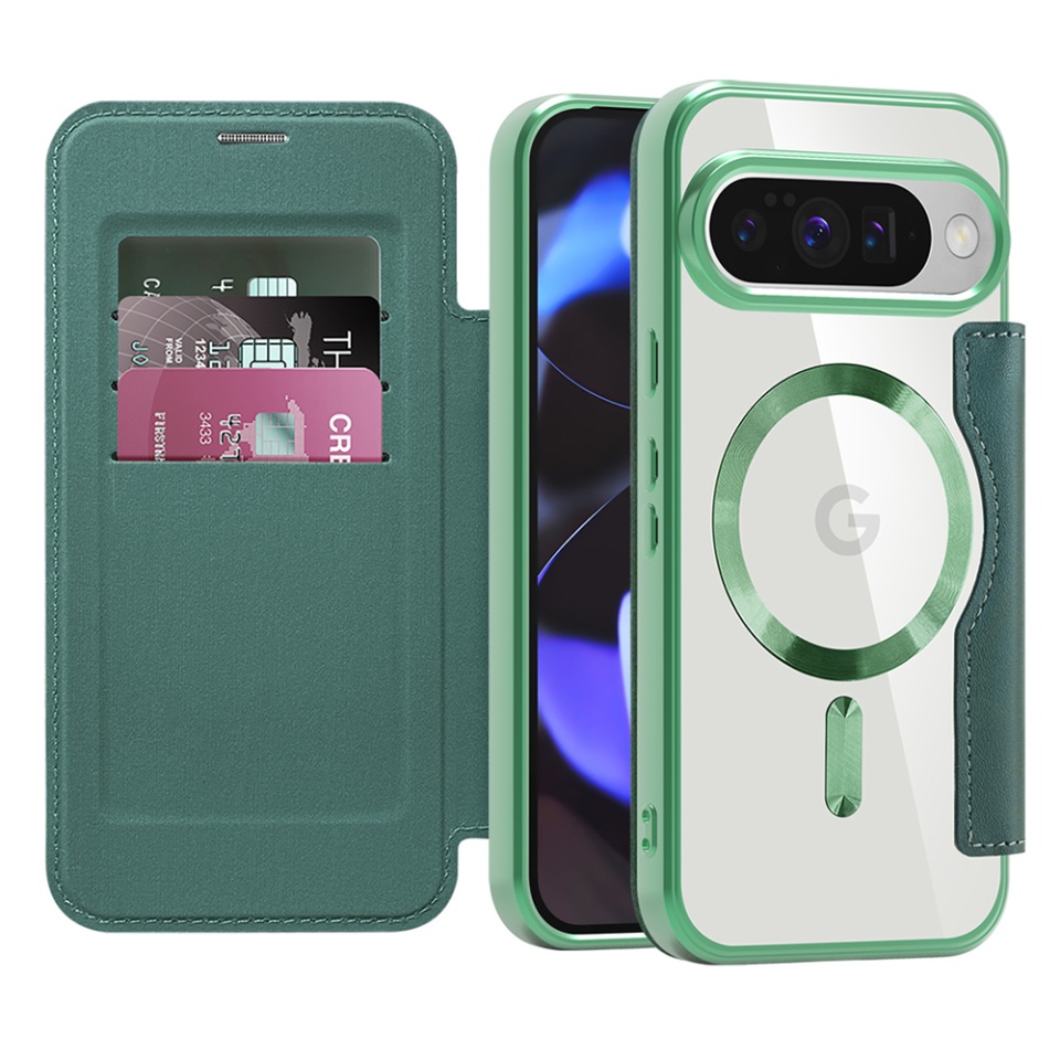 Husa pentru Google Pixel 10 / Pixel 10 Pro tip carte, SKYDDAR INOVATION, SmartMag Book, Magsafe, RFiD, Suport Carduri, set cu sticker, Verde