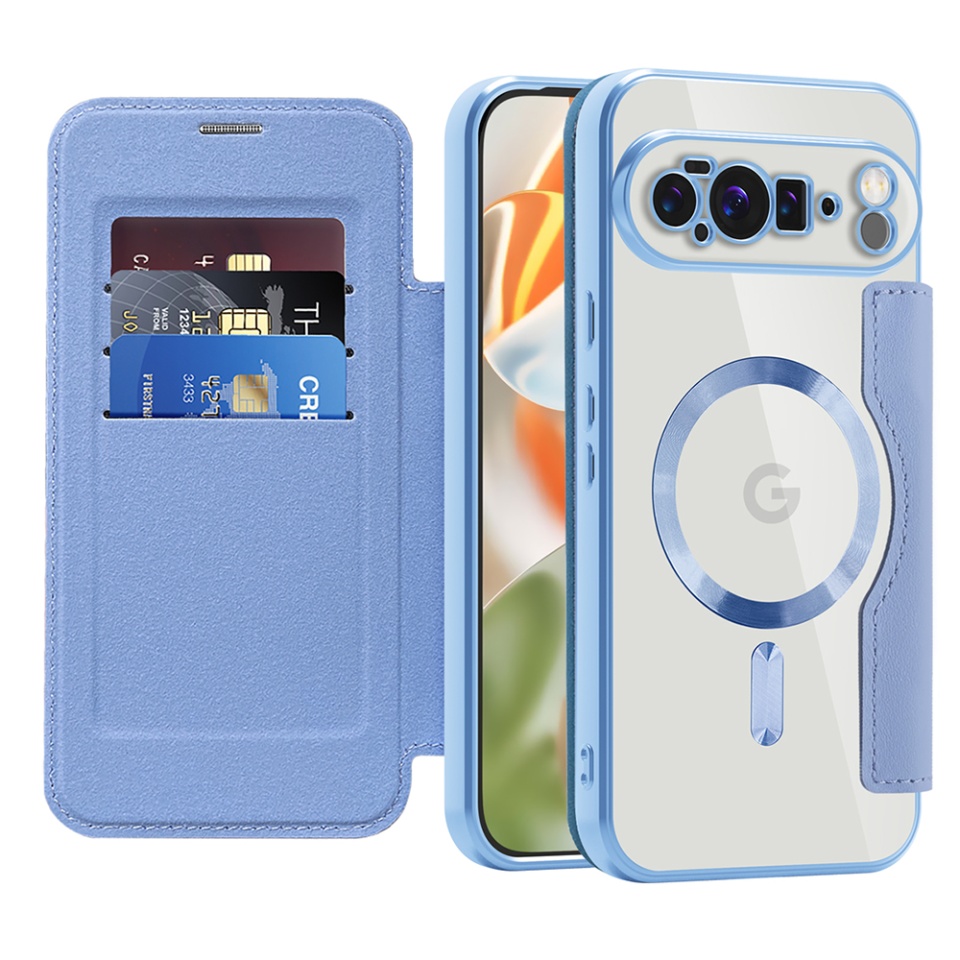Husa pentru Google Pixel 10 Pro XL tip carte, SKYDDAR INOVATION, SmartMag Book, Magsafe, RFiD, Suport Carduri, set cu sticker, Bleu