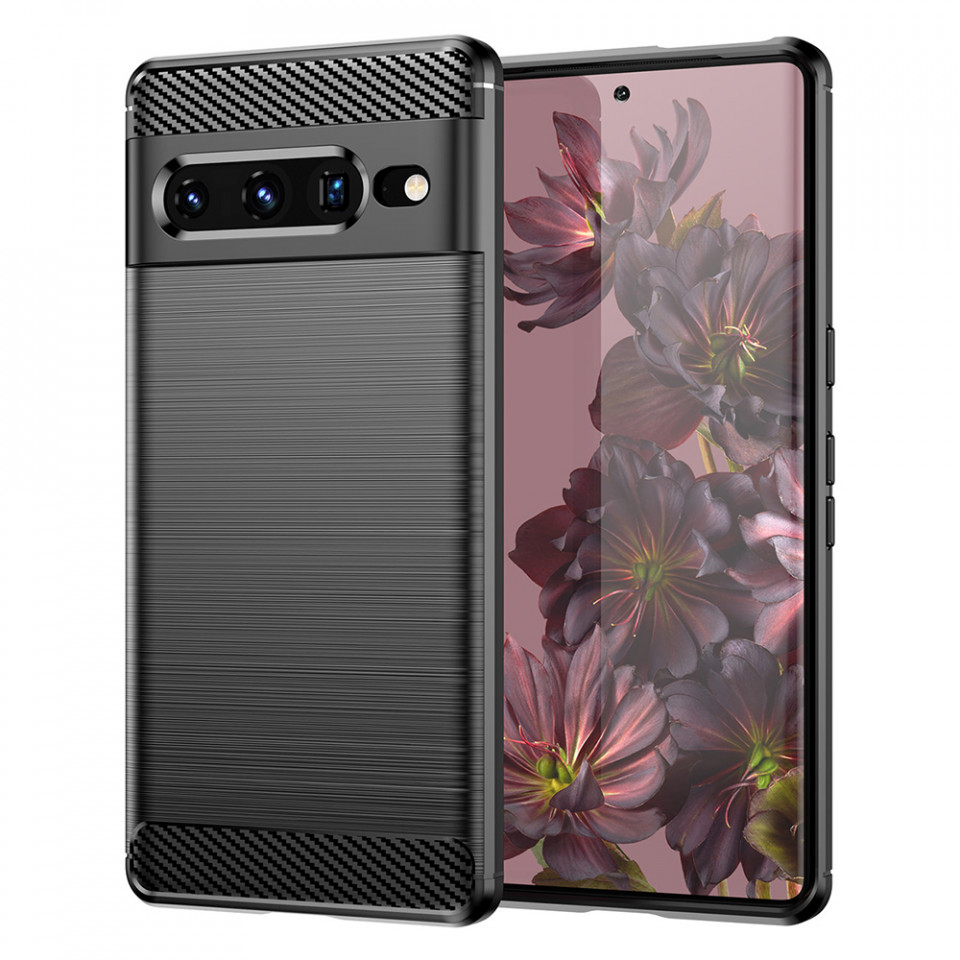 Husa pentru Google Pixel 7 Pro din silicon, Slim, cu textura Fibra Carbon - Negru