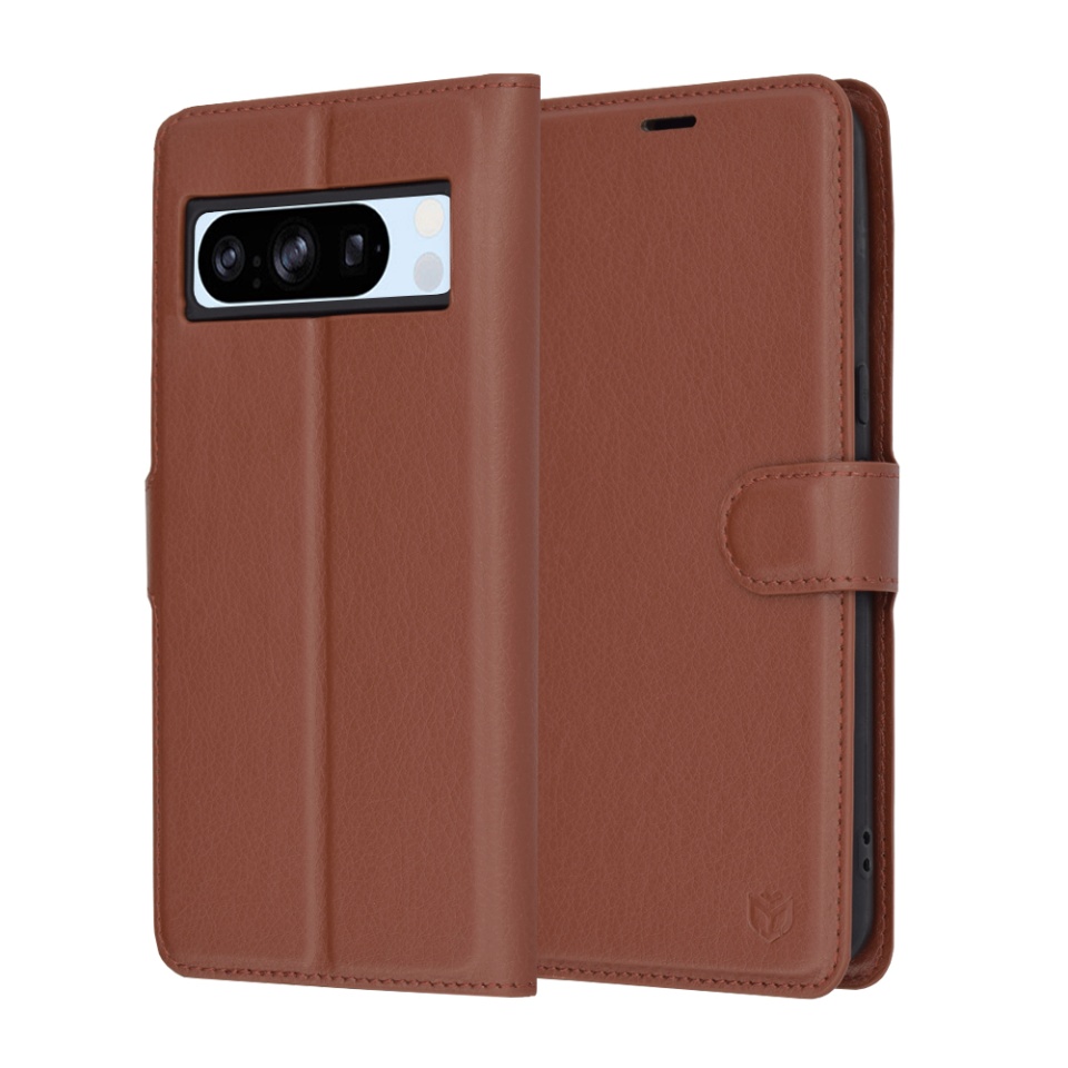 Husa pentru Google Pixel 8 Pro, SKYDDAR INNOVATION, Leather Folio tip Carte, cu Portofel Interior, Finisaje Premium, set cu sticker, Maro