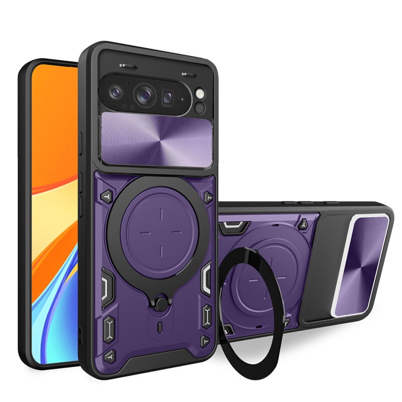 Husa pentru Google Pixel 9 Pro XL, cu inel magnetic si suport ajustabil, protectie completa camera, SKDR SafeCover - Mov