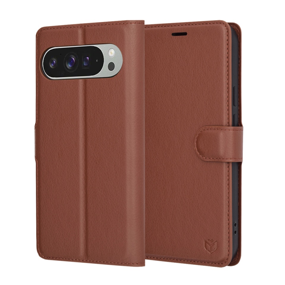 Husa pentru Google Pixel 9 Pro XL, SKYDDAR INNOVATION, Leather Folio tip Carte, cu Portofel Interior, Finisaje Premium, set cu sticker, Maro