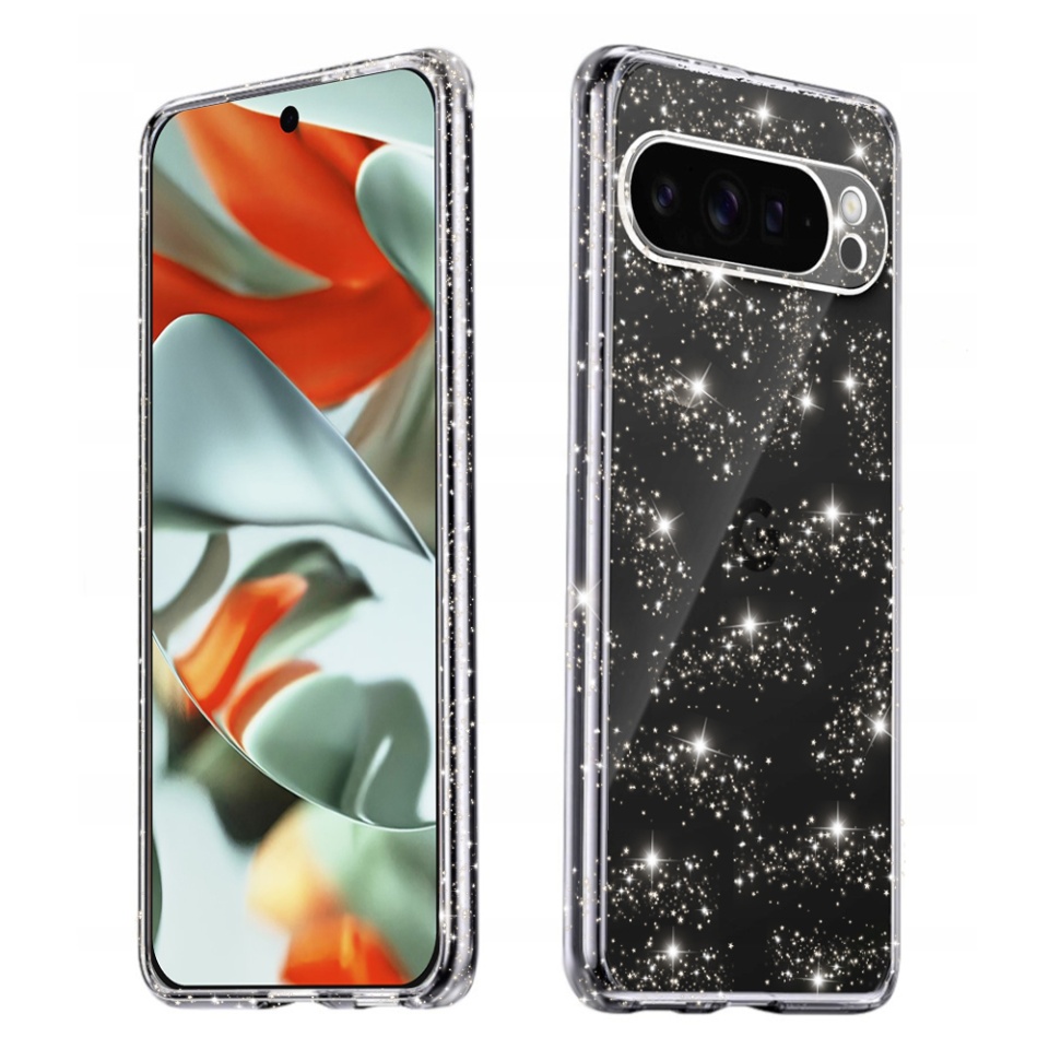 Husa pentru Google Pixel 9 Pro XL, SKYDDAR INNOVATION, SparkleSkin din Silicon TPU cu Sclipici, Design Elegant, set cu sticker, Transparenta
