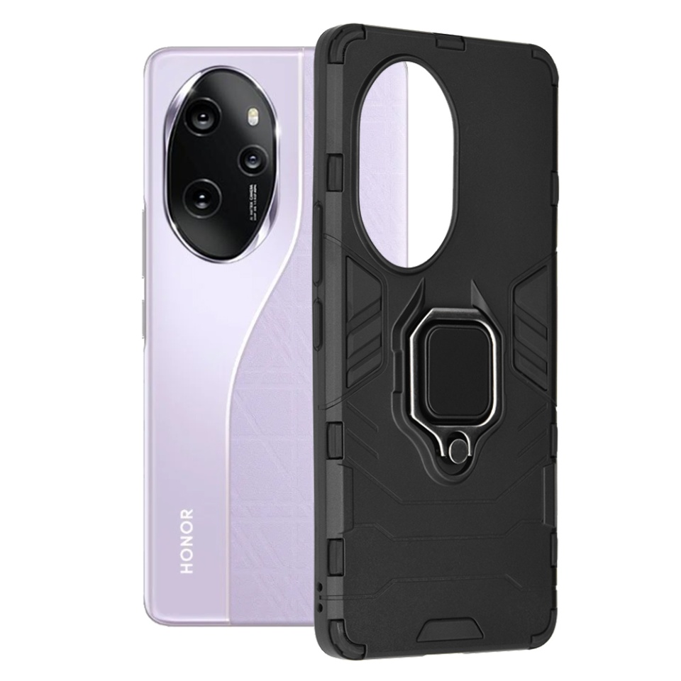 Husa pentru Honor 100 Pro, SKYDDAR INNOVATION, Silicone Shield, cu Inel Magnetic, Antisoc, set cu sticker, Negru