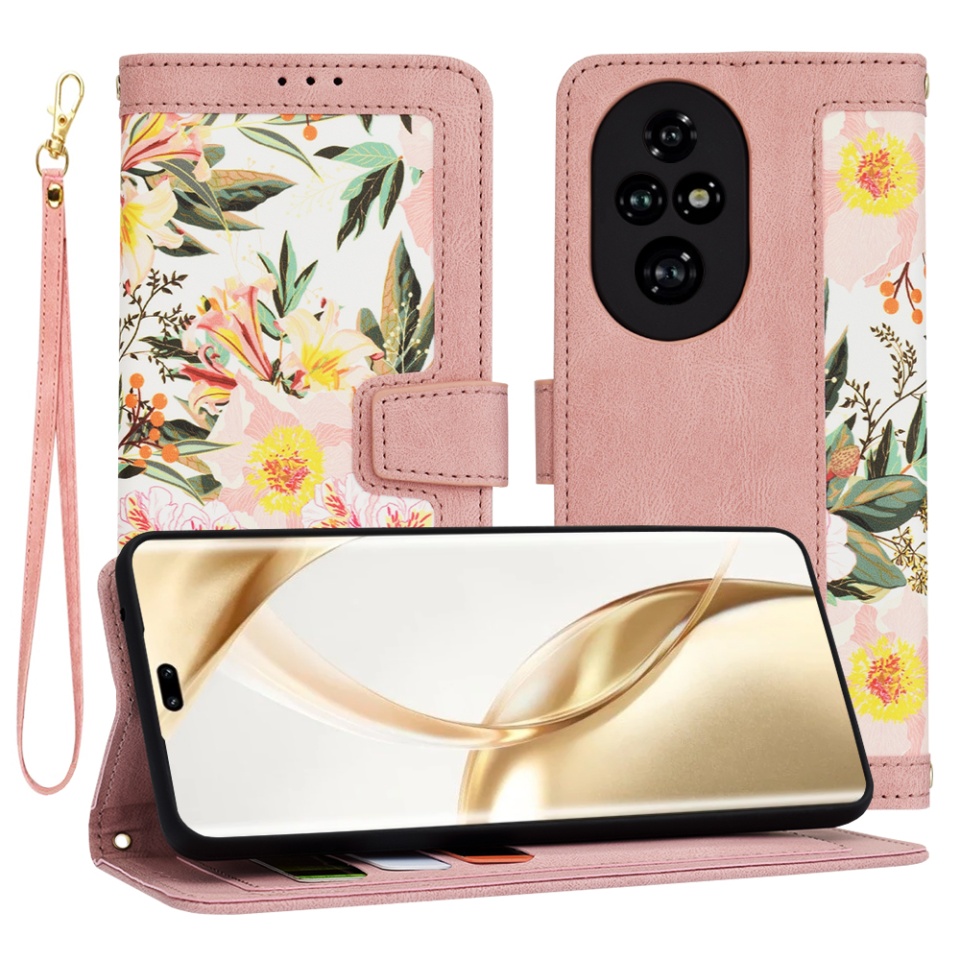 Husa pentru Honor 200 Pro din Piele Ecologică cu Design Floral, Protecție 360°, Stand Integrat, Buzunare pentru Carduri, SKDR Floral Wallet - Roz