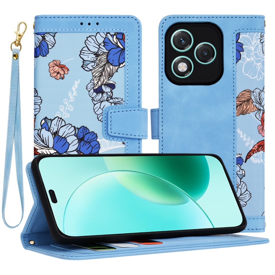 Husa pentru Honor 400 Lite, SKYDDAR INNOVATION, Floral Wallet, din Piele Ecologică cu Design Floral, Protecție 360°, Stand Integrat, Buzunare pentru Carduri, Bleu, set cu sticker