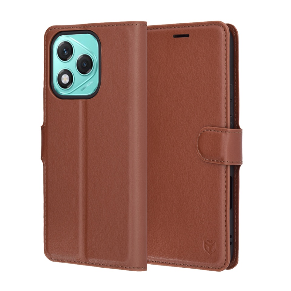 Husa pentru Honor 400 Lite, SKYDDAR INNOVATION, Leather Wallet, tip Carte, cu Portofel Interior, Finisaje Premium, Maro, set cu sticker