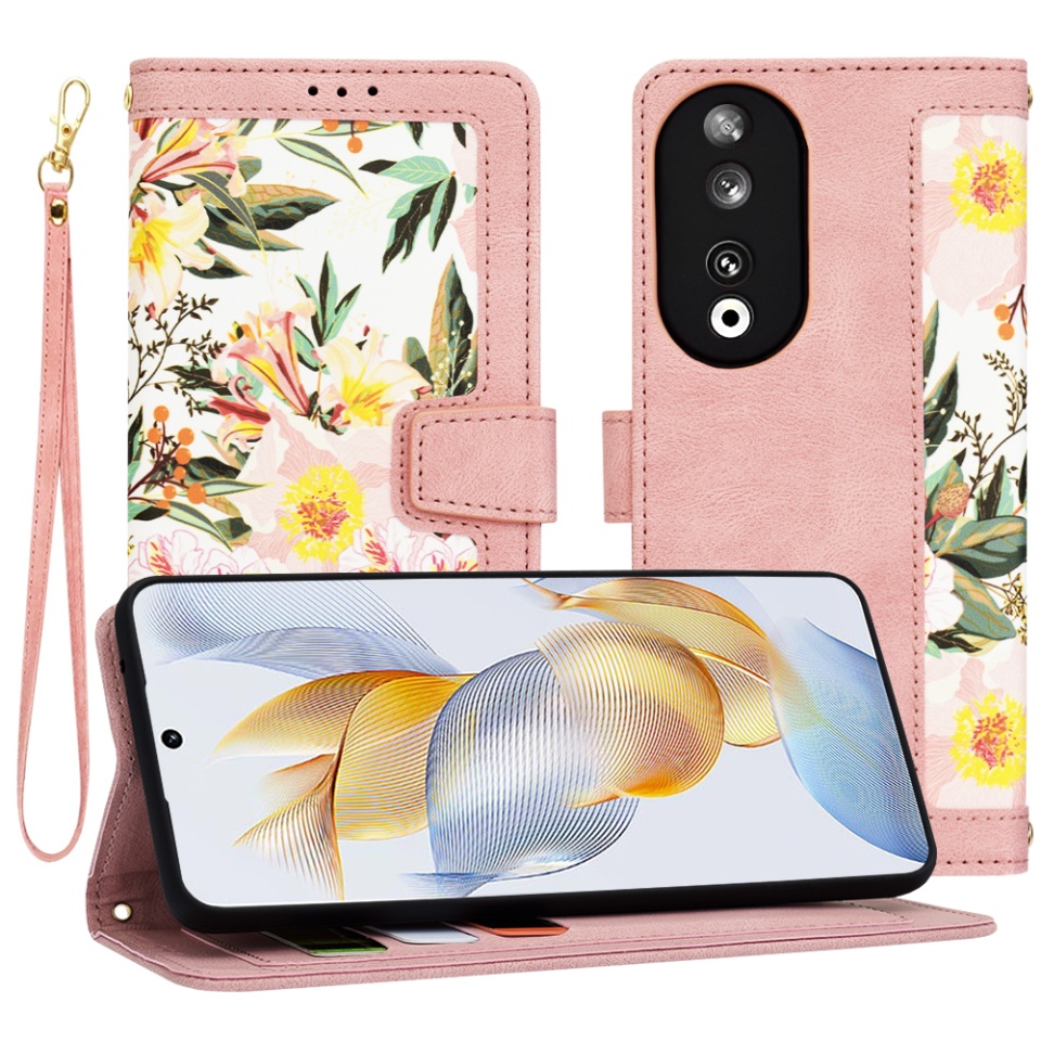 Husa pentru Honor 90 din Piele Ecologică cu Design Floral, Protecție 360°, Stand Integrat, Buzunare pentru Carduri, SKDR Floral Wallet - Roz