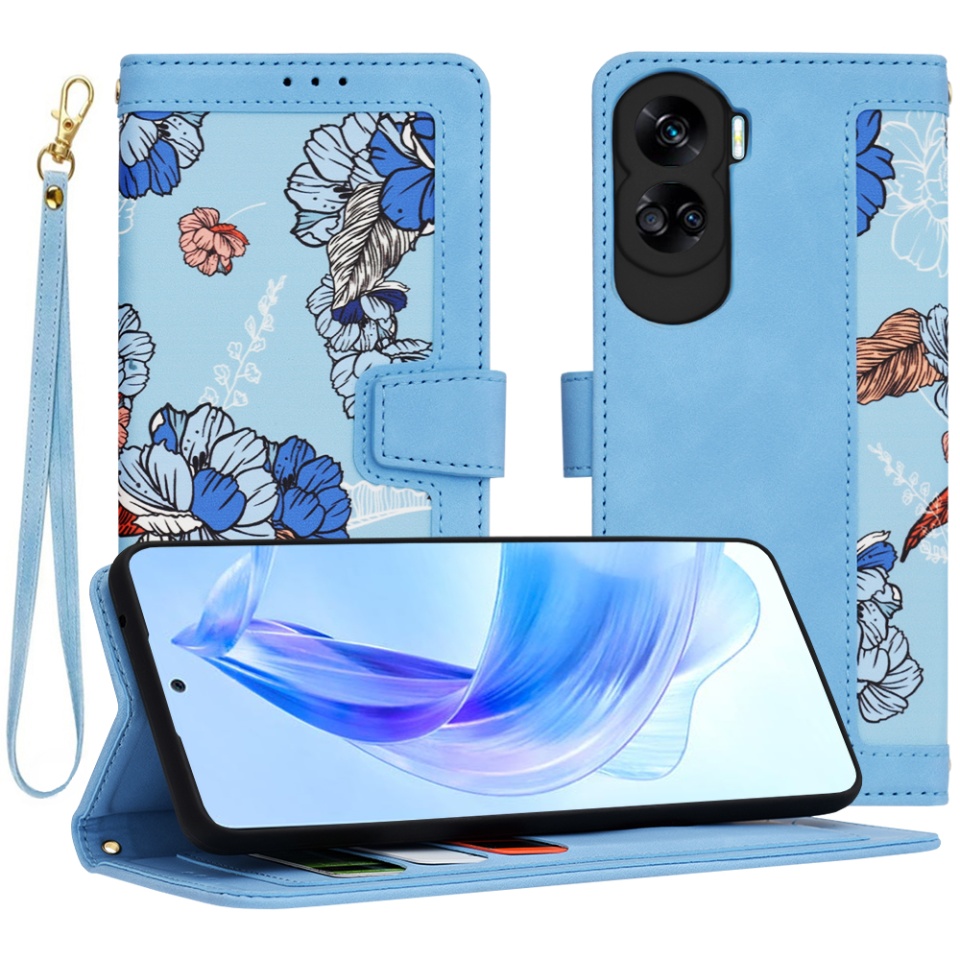 Husa pentru Honor 90 Lite din Piele Ecologică cu Design Floral, Protecție 360°, Stand Integrat, Buzunare pentru Carduri, SKDR Floral Wallet - Bleu