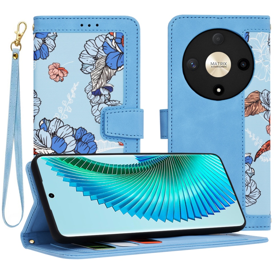 Husa pentru Honor Magic6 Lite din Piele Ecologică cu Design Floral, Protecție 360°, Stand Integrat, Buzunare pentru Carduri, SKDR Floral Wallet - Bleu