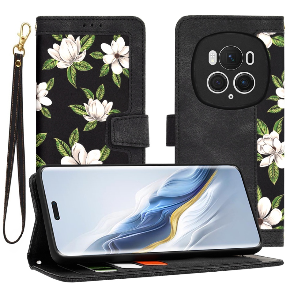 Husa pentru Honor Magic6 Pro din Piele Ecologică cu Design Floral, Protecție 360°, Stand Integrat, Buzunare pentru Carduri, SKDR Floral Wallet - Negru