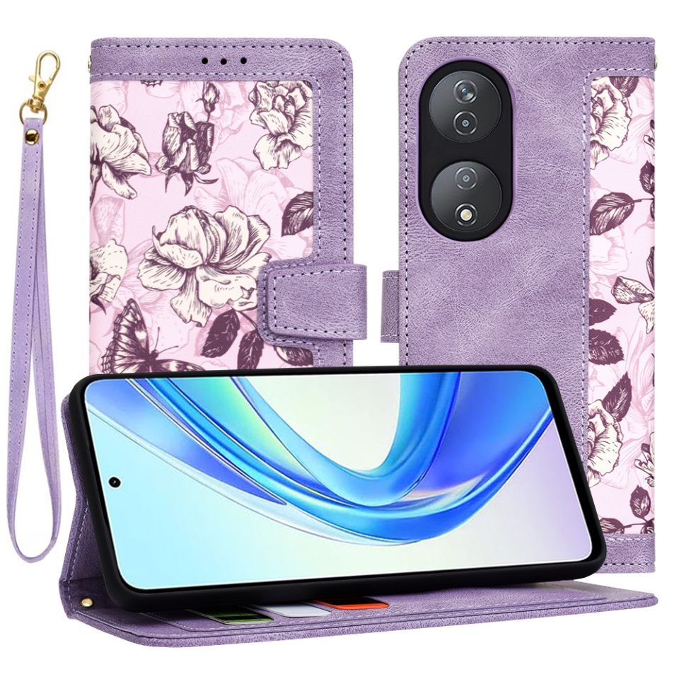 Husa pentru Honor X7b / 90 Smart / X7b 5G din Piele Ecologică cu Design Floral, Protecție 360°, Stand Integrat, Buzunare pentru Carduri, SKDR Floral Wallet - Mov
