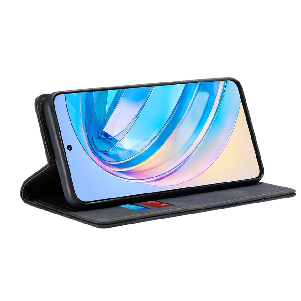 Husa pentru Honor X8a, SKYDDAR INNOVATION, Soft Wallet, tip Carte din piele Eco Premium, cu Portofel Interior, Negru, set cu sticker - 1 | YEO